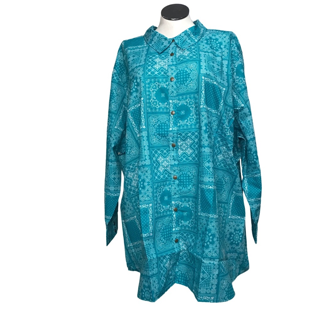 Woman Within Button Up Shirt Women’s Size 5X Color Green (Teal) Paisley collared